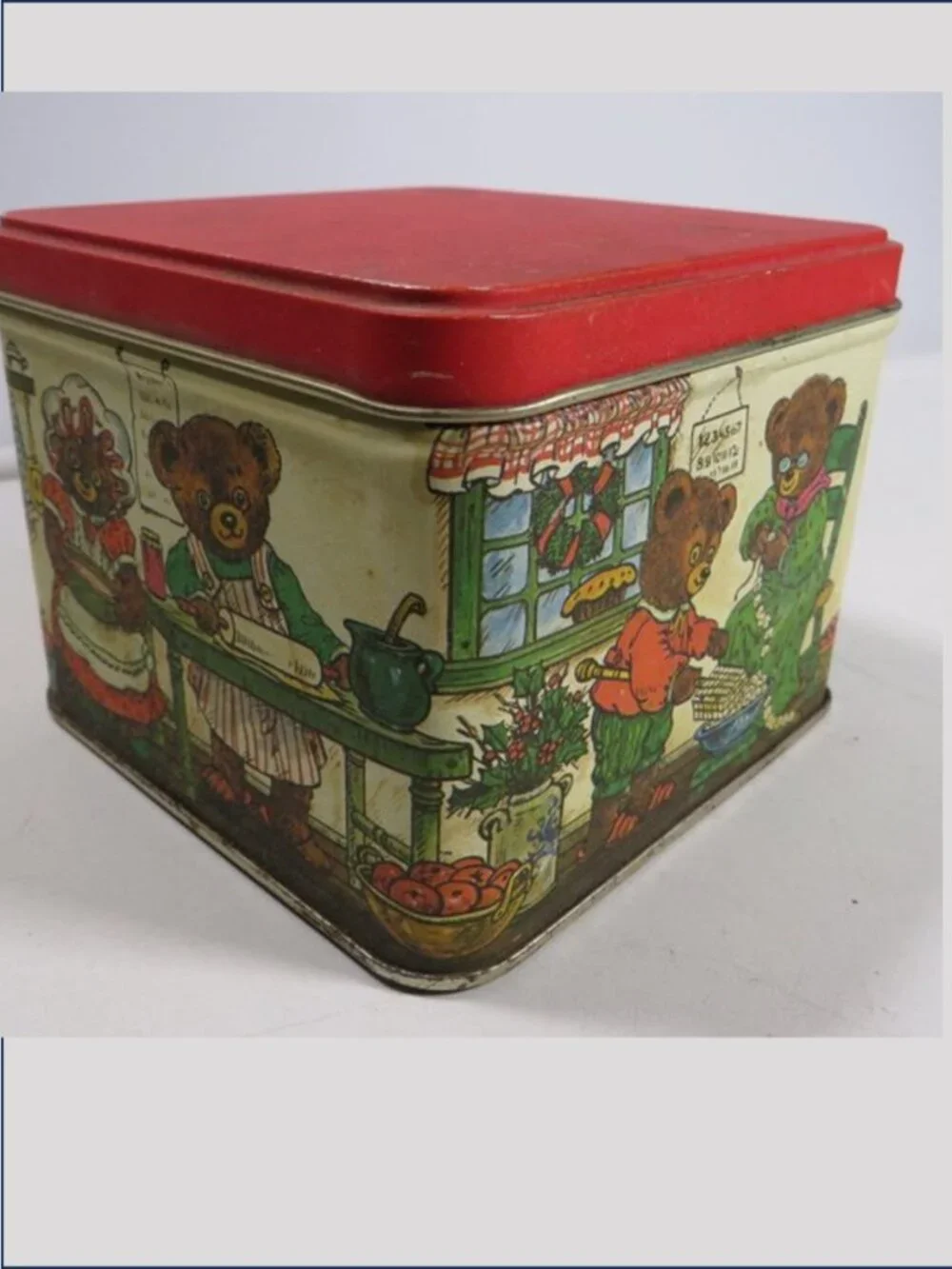 Vintage Teddy Bears in Kitchen Tin Container Square Holiday Metal Box Storage